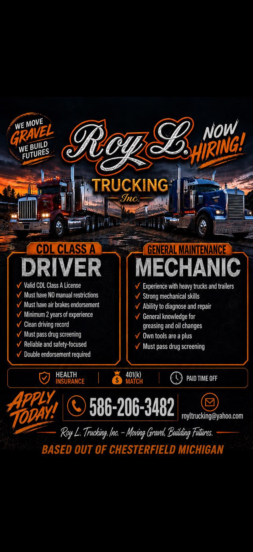 Roy L. Trucking hiring flyer for drivers and mechanics
